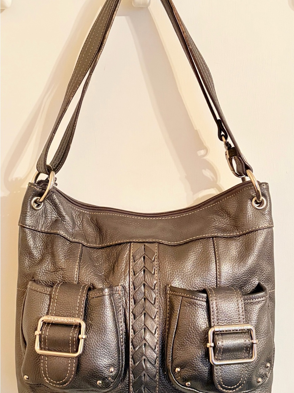Tignanello Brown Pebbled Leather Shoulder Bag Double Pocket Woven Detail